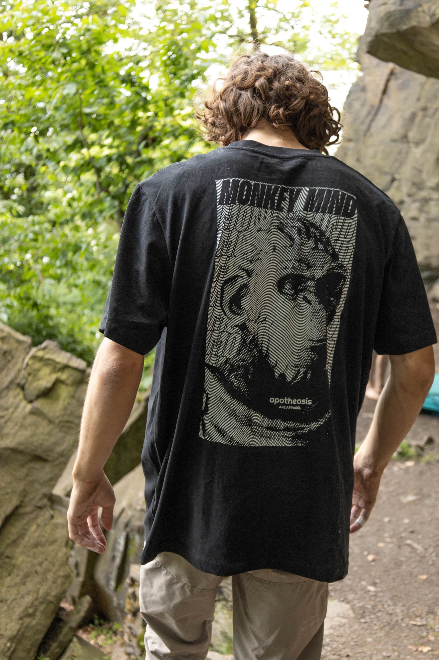 Back of Monkey Mind tee, model is wearing an L