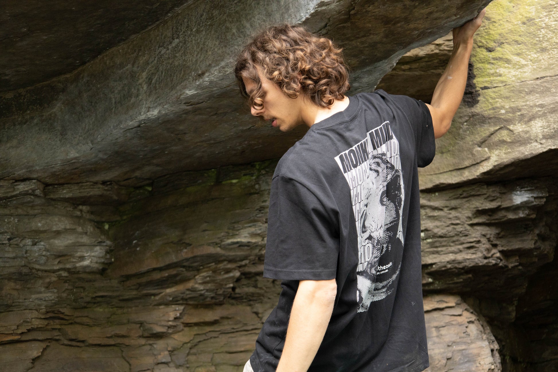 Back of monkey mind tee while bouldering