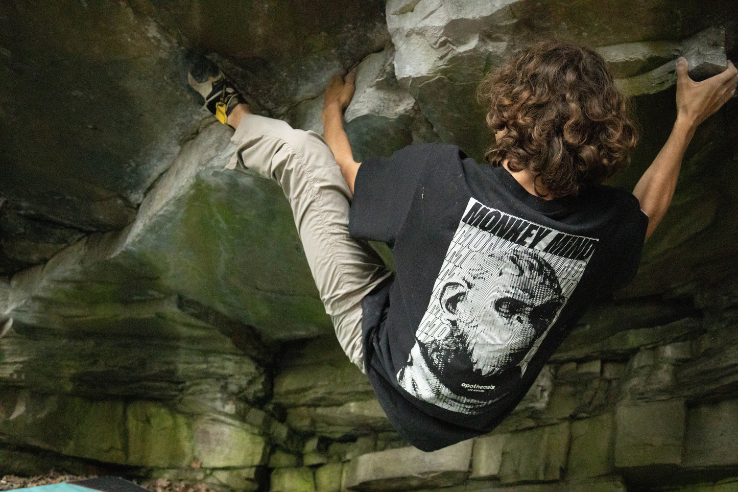 back of monkey mind tee while bouldering 