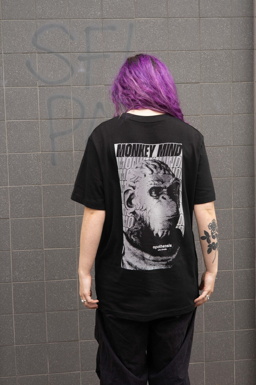 Back of monkey mind tee, model is wearing M